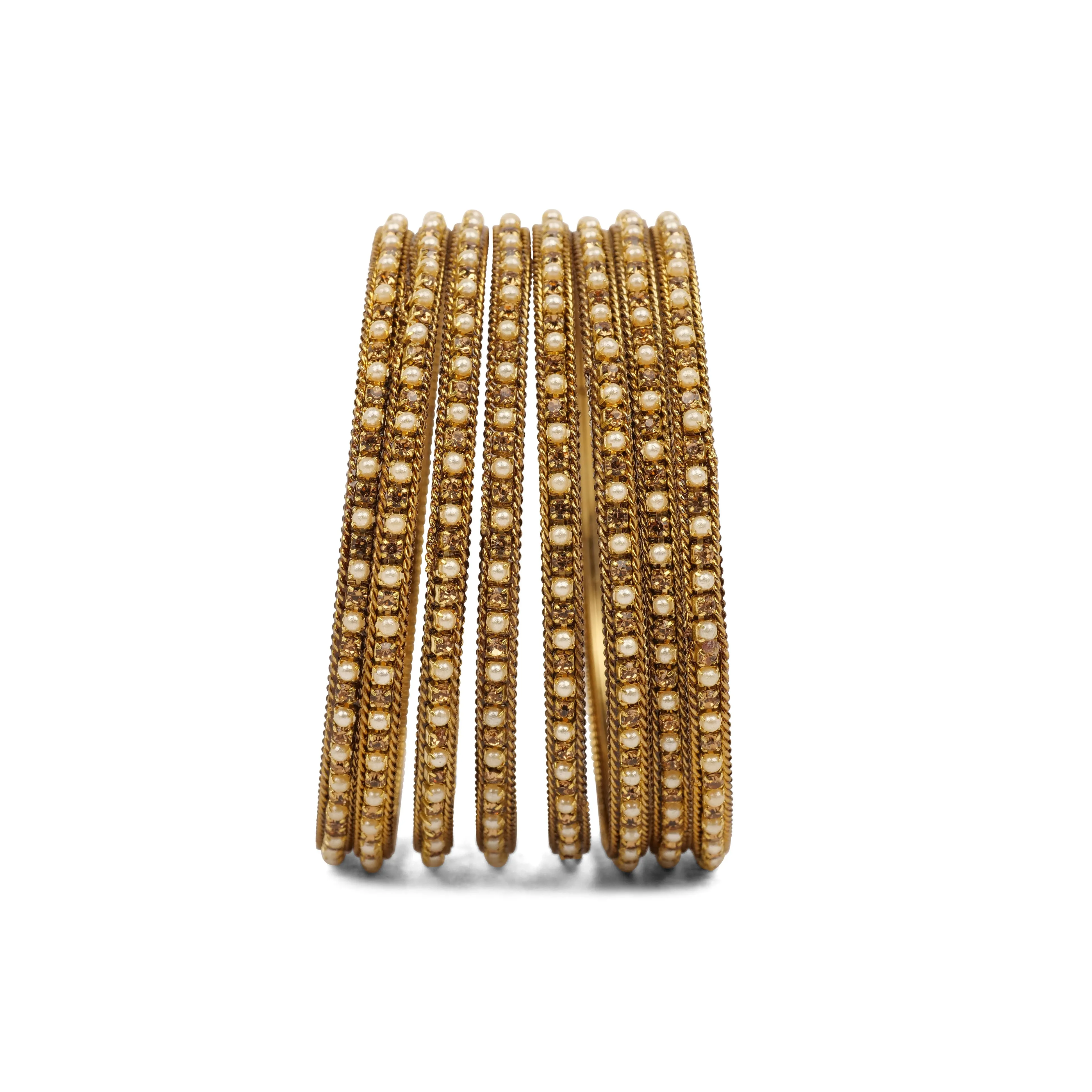 Set of 8 Pearl Bangles in Antique Gold