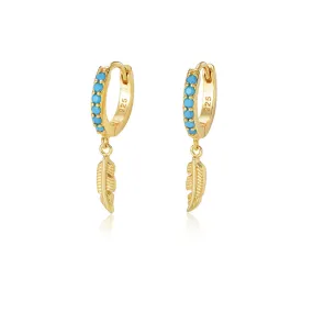 Turquoise Feather Silver Drop Earrings for Women