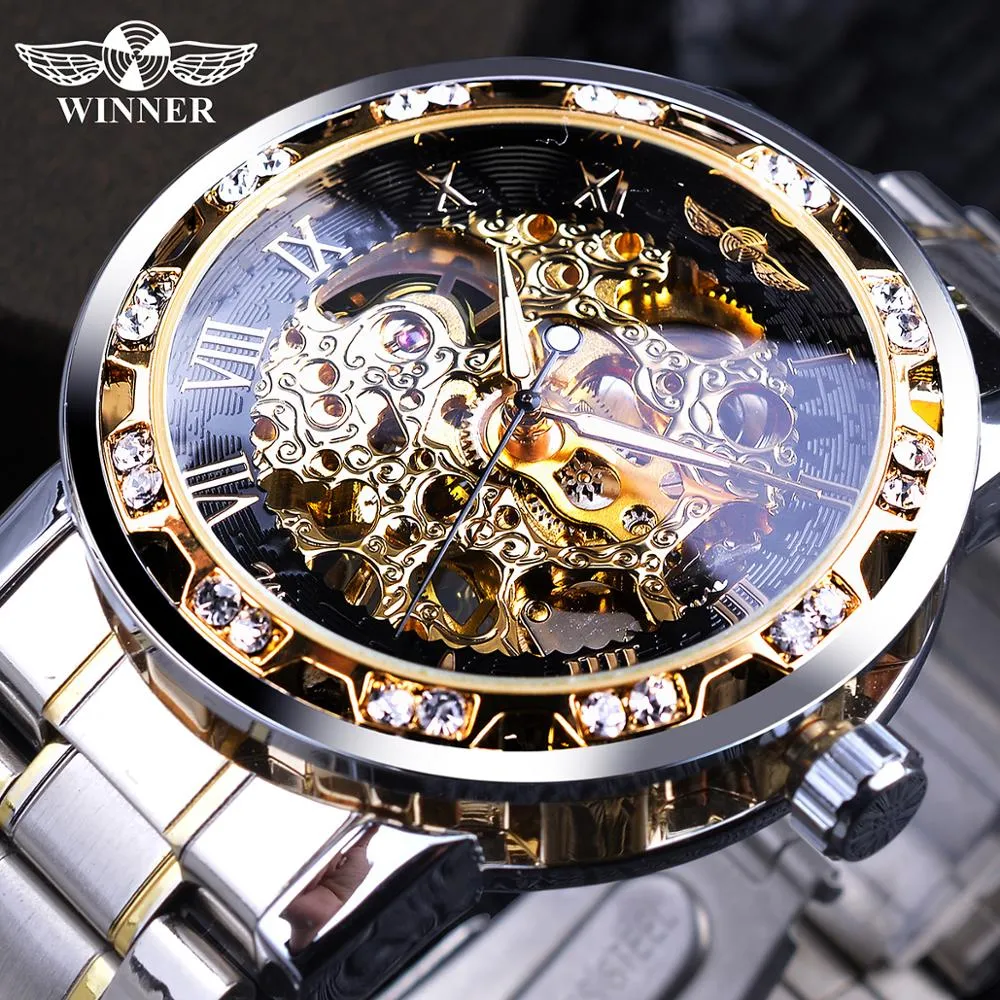 Winner Transparent Fashion Diamond Luminous Gear Movement Watch | Luxury brand Mechanical Skeleton Wristwatch