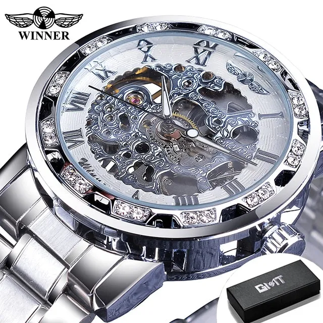 Winner Transparent Fashion Diamond Luminous Gear Movement Watch | Luxury brand Mechanical Skeleton Wristwatch