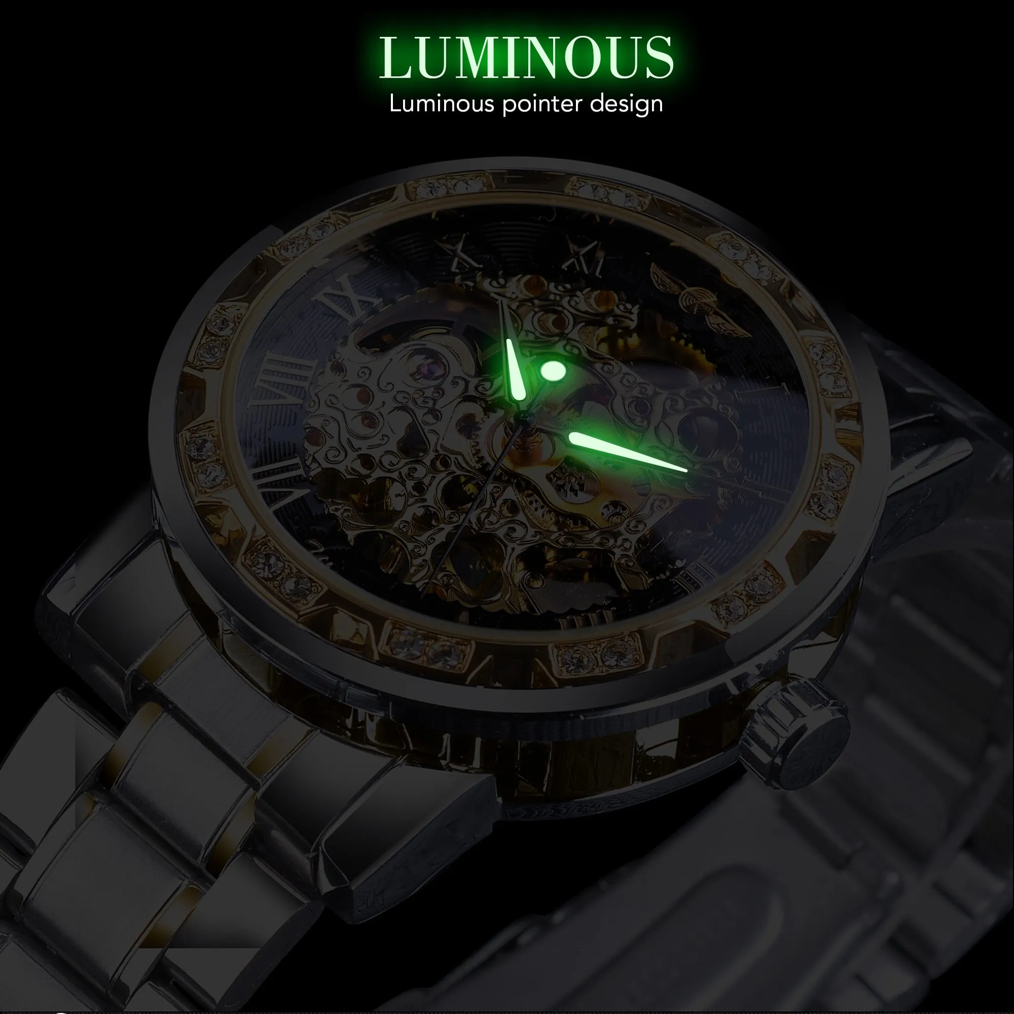 Winner Transparent Fashion Diamond Luminous Gear Movement Watch | Luxury brand Mechanical Skeleton Wristwatch