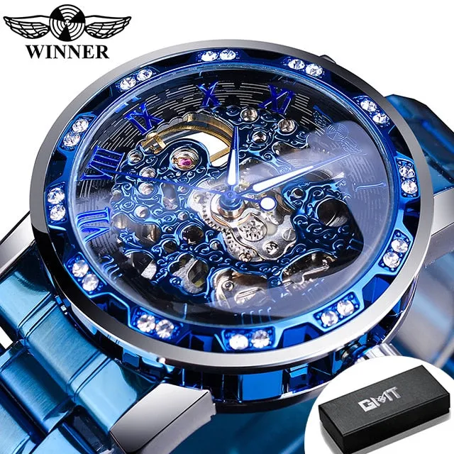 Winner Transparent Fashion Diamond Luminous Gear Movement Watch | Luxury brand Mechanical Skeleton Wristwatch