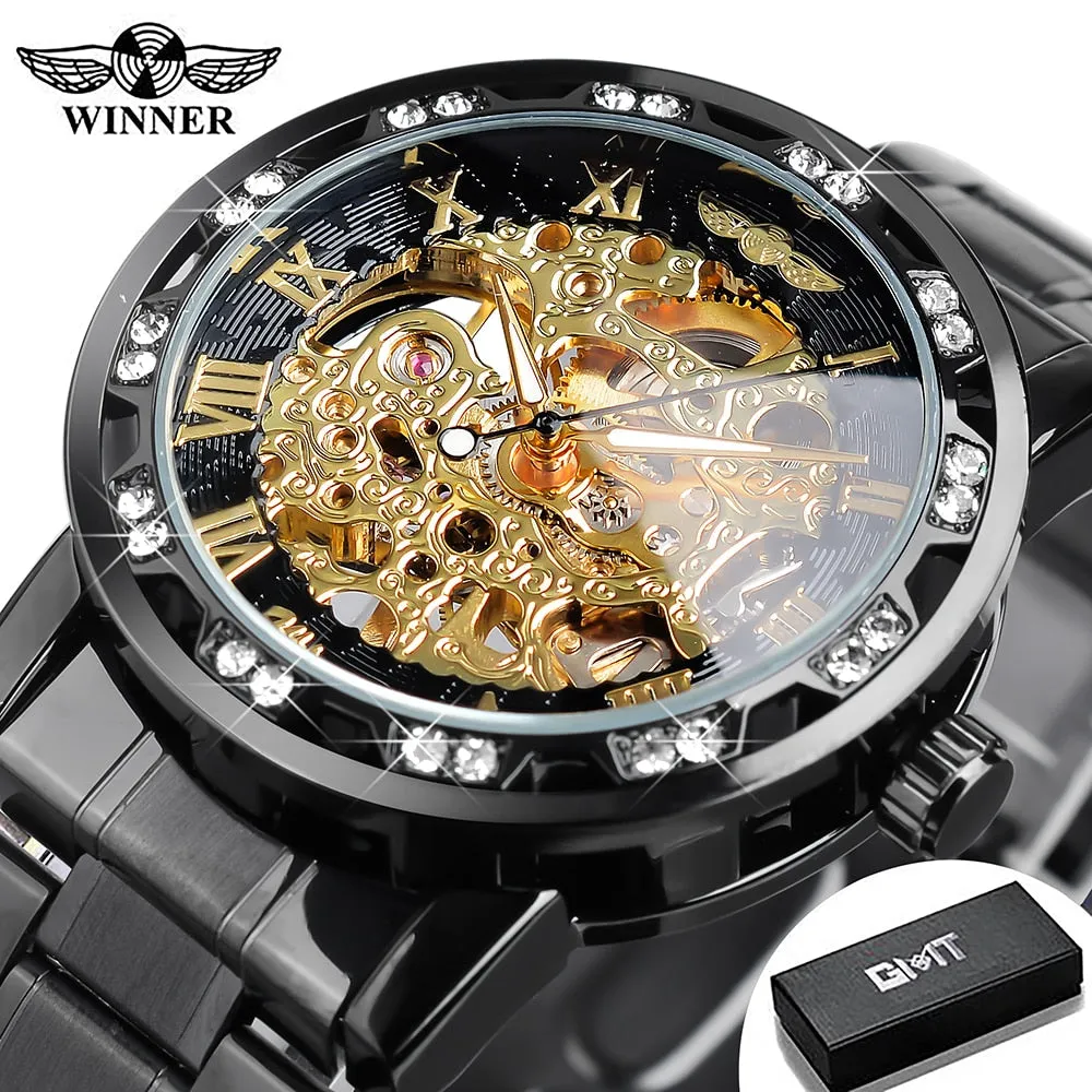 Winner Transparent Fashion Diamond Luminous Gear Movement Watch | Luxury brand Mechanical Skeleton Wristwatch