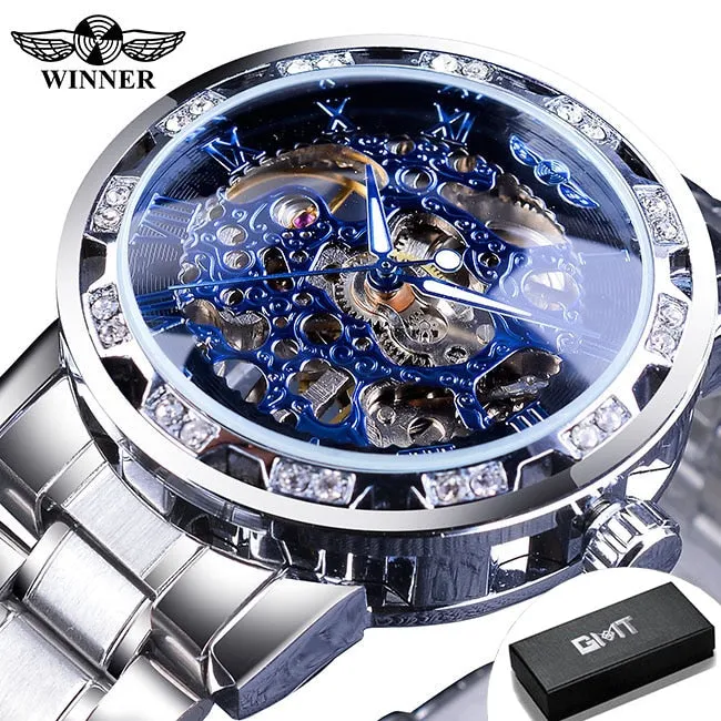Winner Transparent Fashion Diamond Luminous Gear Movement Watch | Luxury brand Mechanical Skeleton Wristwatch
