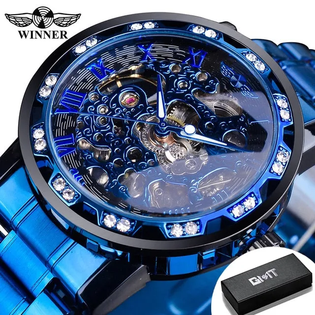 Winner Transparent Fashion Diamond Luminous Gear Movement Watch | Luxury brand Mechanical Skeleton Wristwatch