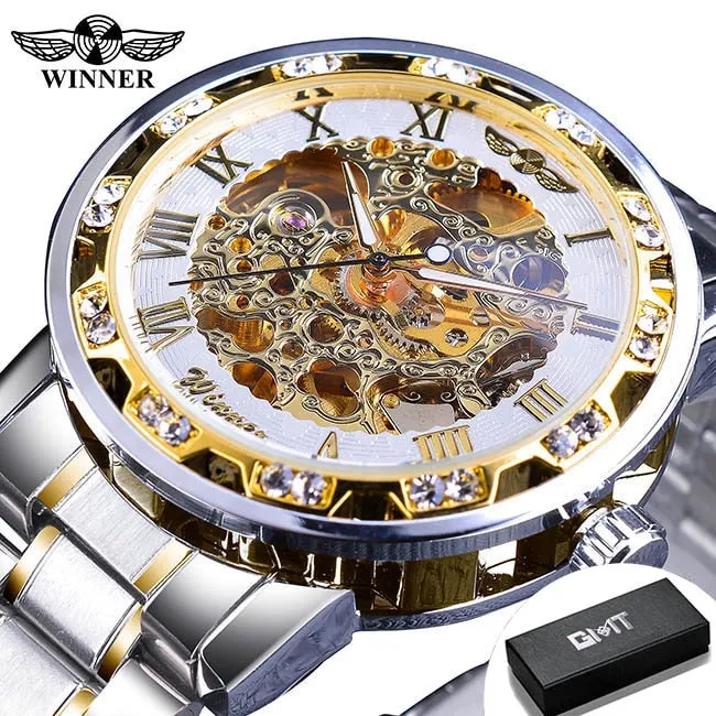 Winner Transparent Fashion Diamond Luminous Gear Movement Watch | Luxury brand Mechanical Skeleton Wristwatch