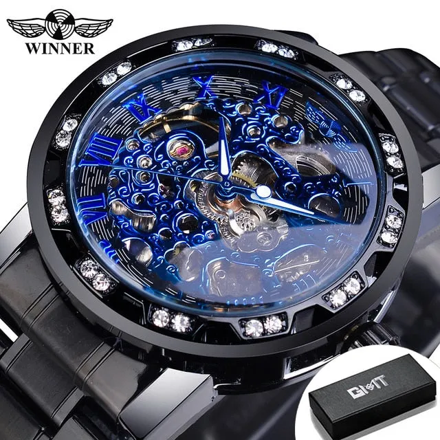 Winner Transparent Fashion Diamond Luminous Gear Movement Watch | Luxury brand Mechanical Skeleton Wristwatch
