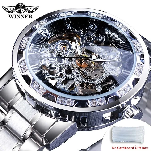 Winner Transparent Fashion Diamond Luminous Gear Movement Watch | Luxury brand Mechanical Skeleton Wristwatch