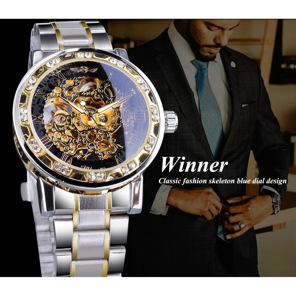 Winner Transparent Fashion Diamond Luminous Gear Movement Watch | Luxury brand Mechanical Skeleton Wristwatch