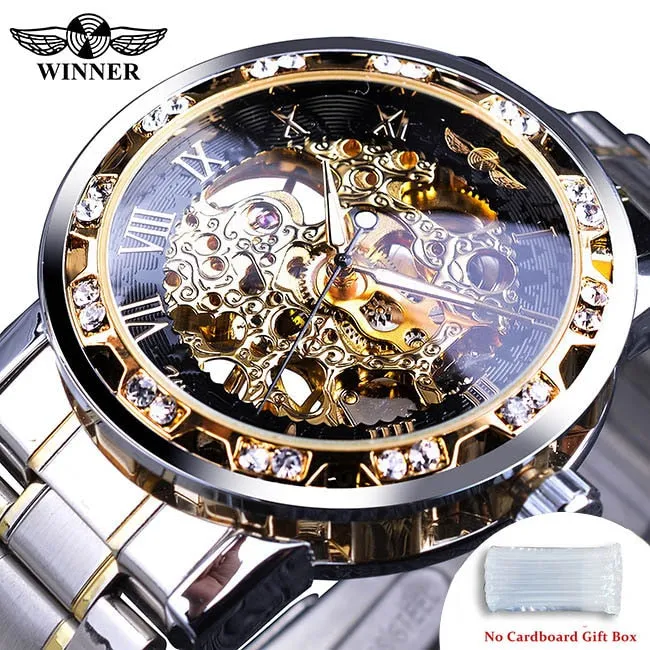 Winner Transparent Fashion Diamond Luminous Gear Movement Watch | Luxury brand Mechanical Skeleton Wristwatch