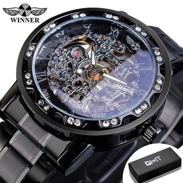 Winner Transparent Fashion Diamond Luminous Gear Movement Watch | Luxury brand Mechanical Skeleton Wristwatch