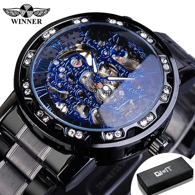Winner Transparent Fashion Diamond Luminous Gear Movement Watch | Luxury brand Mechanical Skeleton Wristwatch