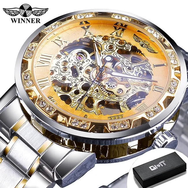 Winner Transparent Fashion Diamond Luminous Gear Movement Watch | Luxury brand Mechanical Skeleton Wristwatch