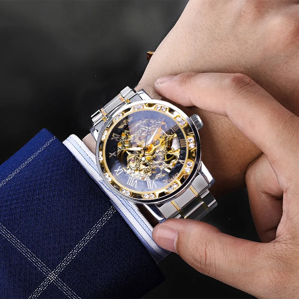 Winner Transparent Fashion Diamond Luminous Gear Movement Watch | Luxury brand Mechanical Skeleton Wristwatch