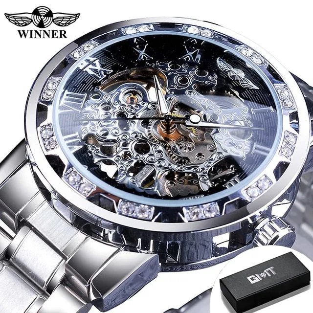Winner Transparent Fashion Diamond Luminous Gear Movement Watch | Luxury brand Mechanical Skeleton Wristwatch