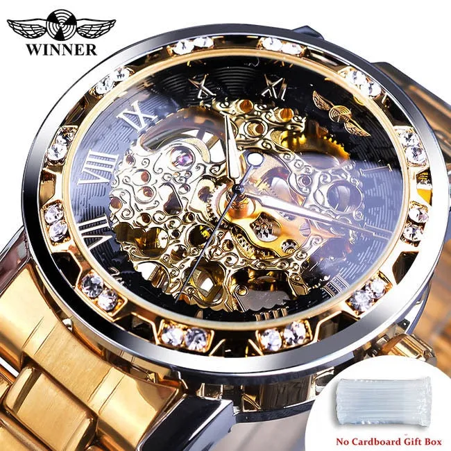 Winner Transparent Fashion Diamond Luminous Gear Movement Watch | Luxury brand Mechanical Skeleton Wristwatch