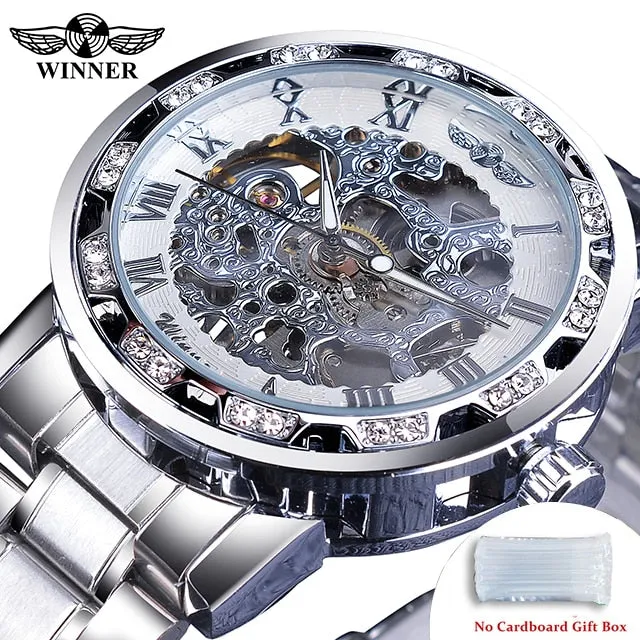 Winner Transparent Fashion Diamond Luminous Gear Movement Watch | Luxury brand Mechanical Skeleton Wristwatch