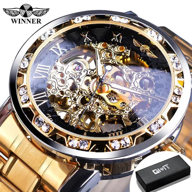 Winner Transparent Fashion Diamond Luminous Gear Movement Watch | Luxury brand Mechanical Skeleton Wristwatch