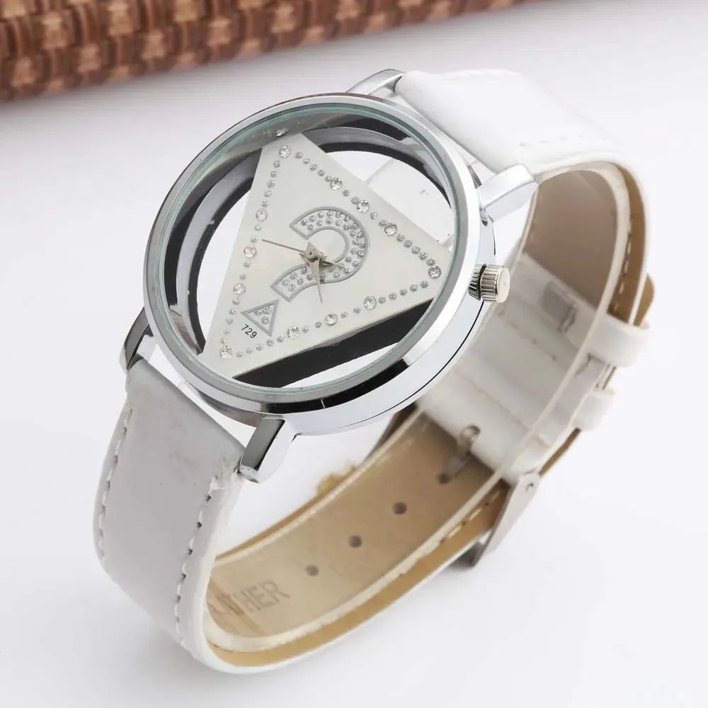 Womage Women Watches Fashion Triangle Transparent Quartz Wristwatches Leather Reloj Mujer