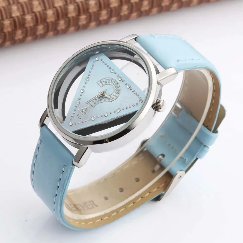 Womage Women Watches Fashion Triangle Transparent Quartz Wristwatches Leather Reloj Mujer