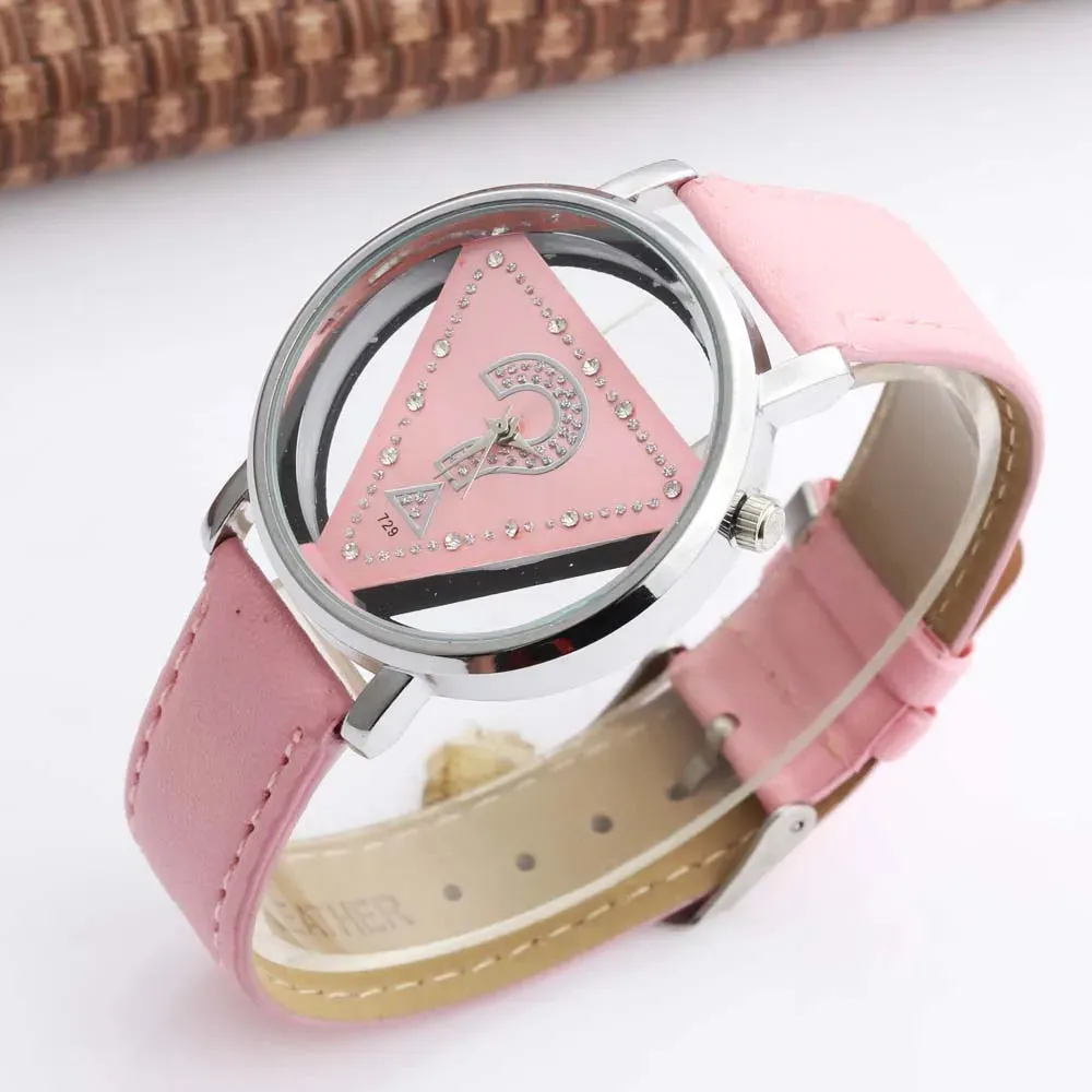 Womage Women Watches Fashion Triangle Transparent Quartz Wristwatches Leather Reloj Mujer
