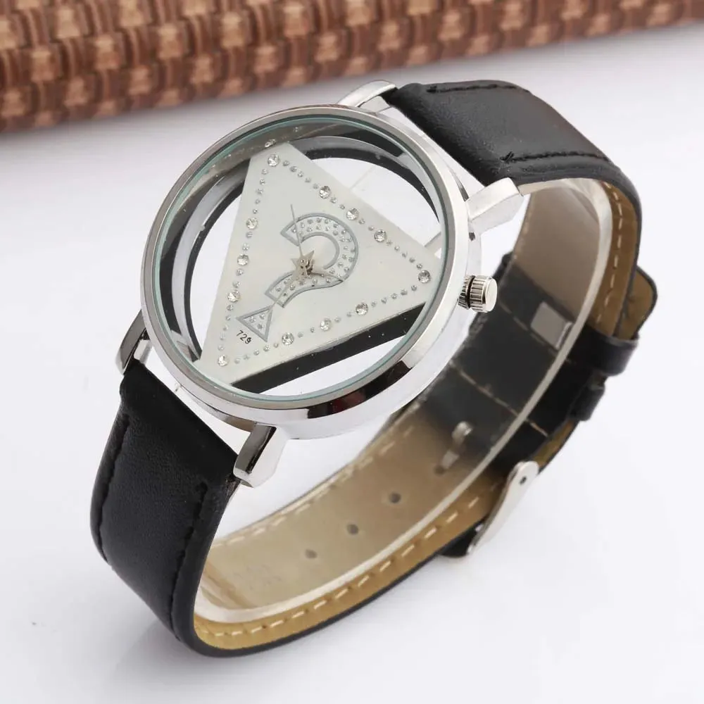 Womage Women Watches Fashion Triangle Transparent Quartz Wristwatches Leather Reloj Mujer