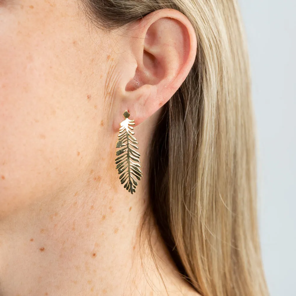 Yellow Gold Plated Sterling Silver Verticle Feather Drop Earrings